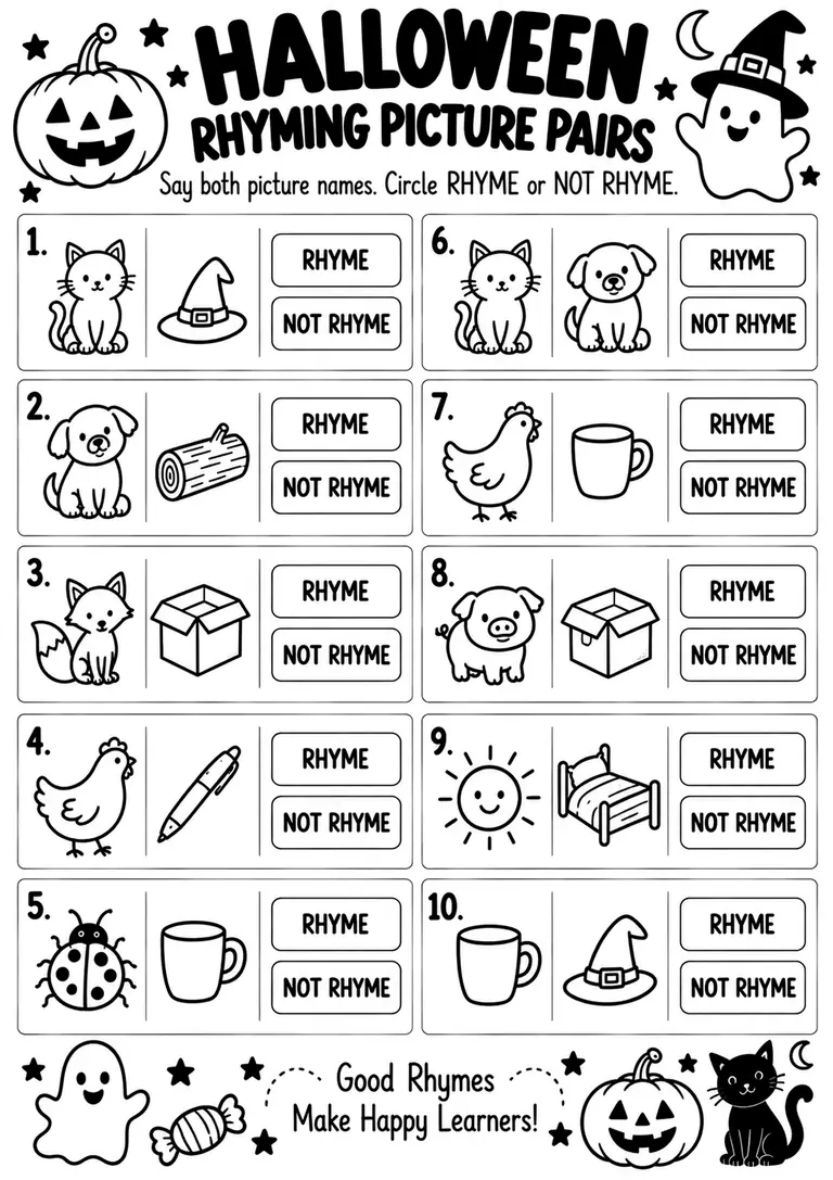 Halloween Rhyming Picture Pairs for Kindergarten, 1st Grade