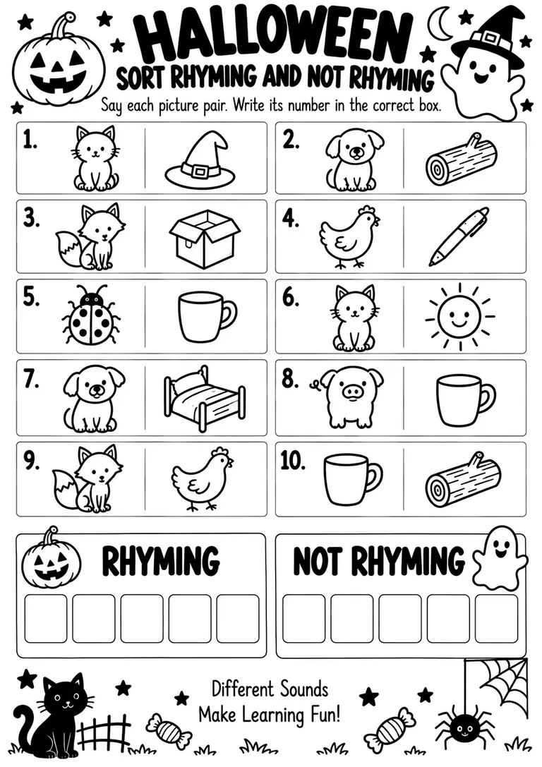Halloween Sort Rhyming and Not Rhyming for Kindergarten, 1st Grade