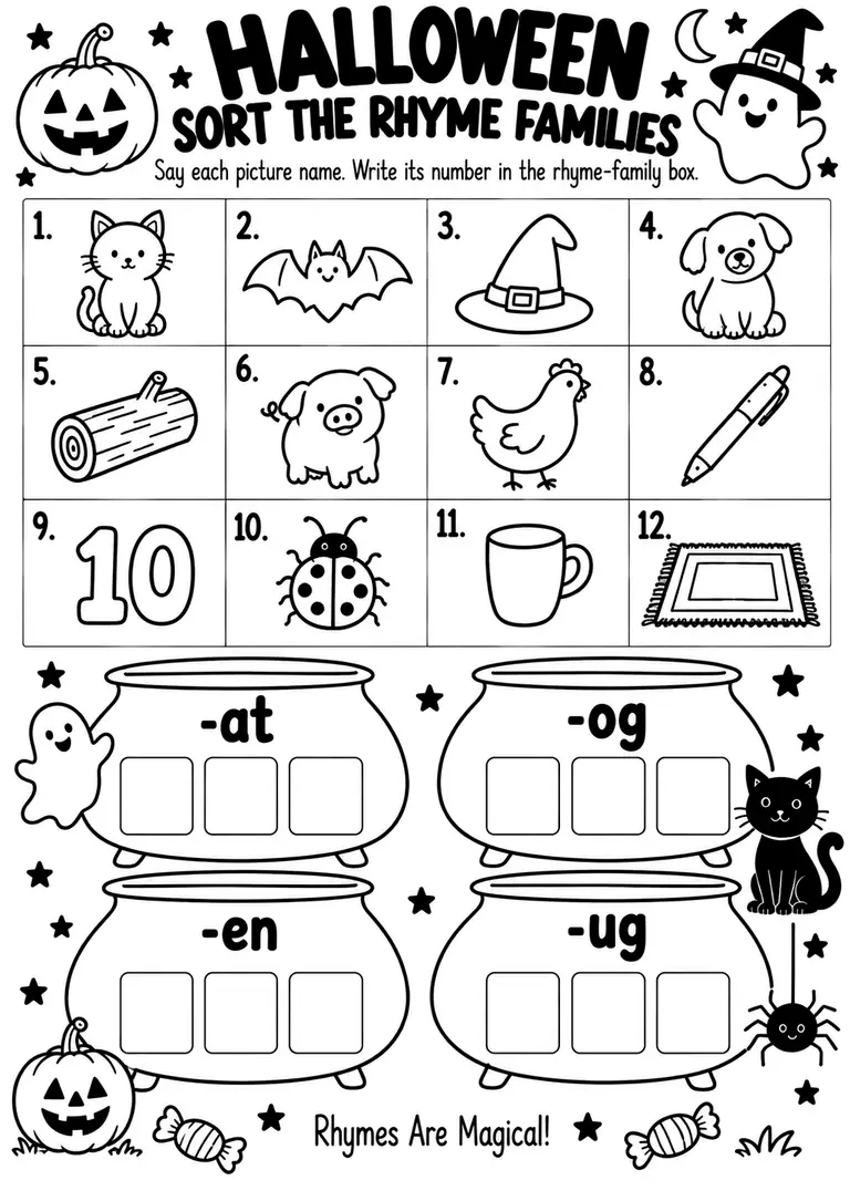 Halloween Sort the Rhyme Families for Kindergarten, 1st Grade