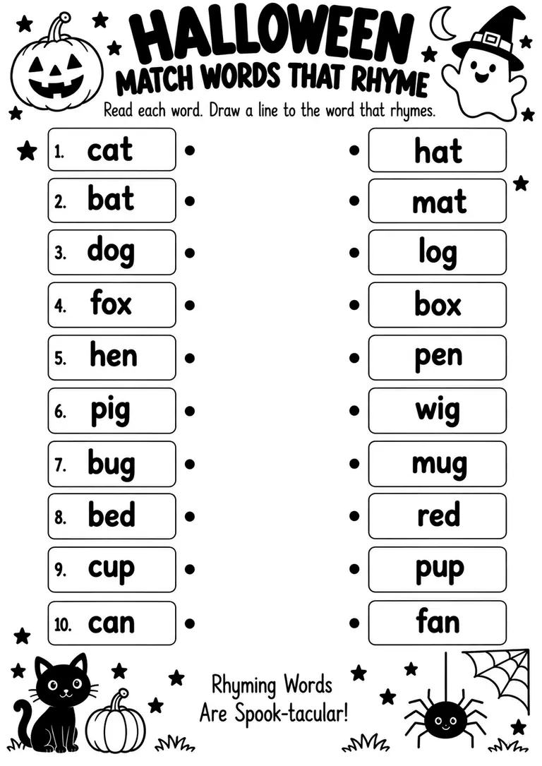 Halloween Match Words That Rhyme for Kindergarten, 1st Grade
