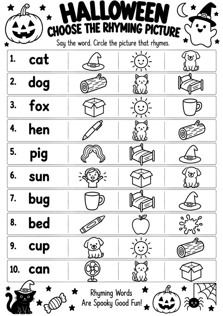 Halloween Choose the Rhyming Picture for Kindergarten, 1st Grade