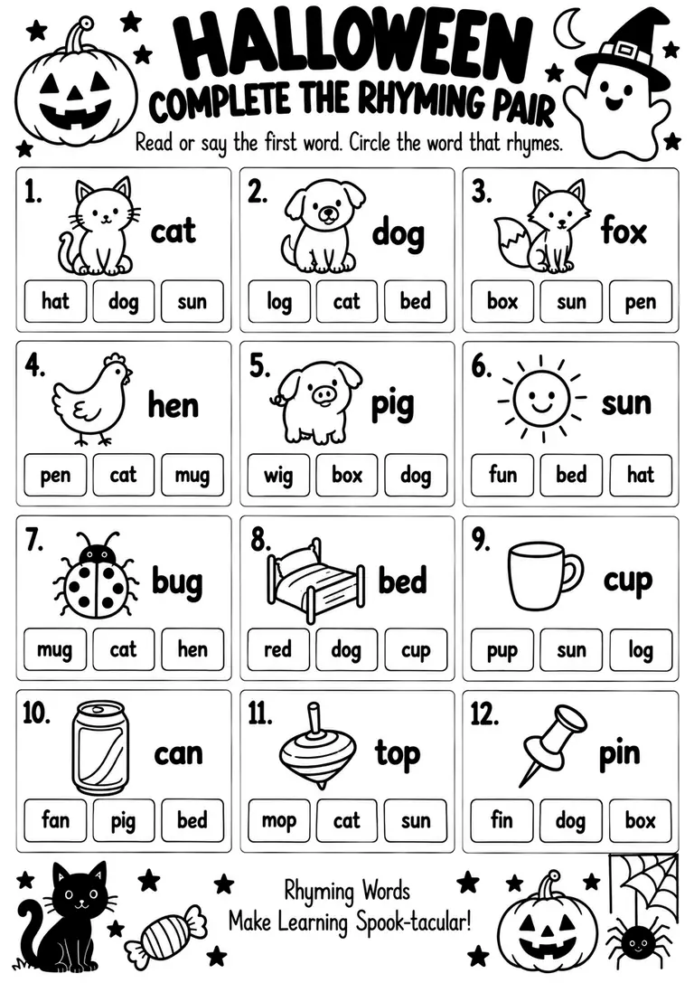 Halloween Complete the Rhyming Pair for Kindergarten, 1st Grade