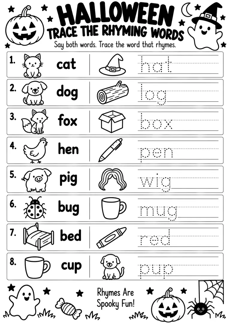 Halloween Trace the Rhyming Words for Kindergarten, 1st Grade