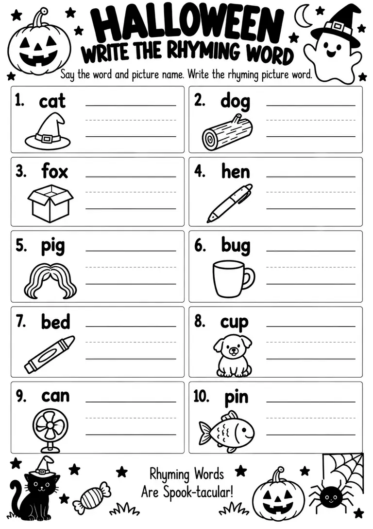Halloween Write the Rhyming Word for Kindergarten, 1st Grade