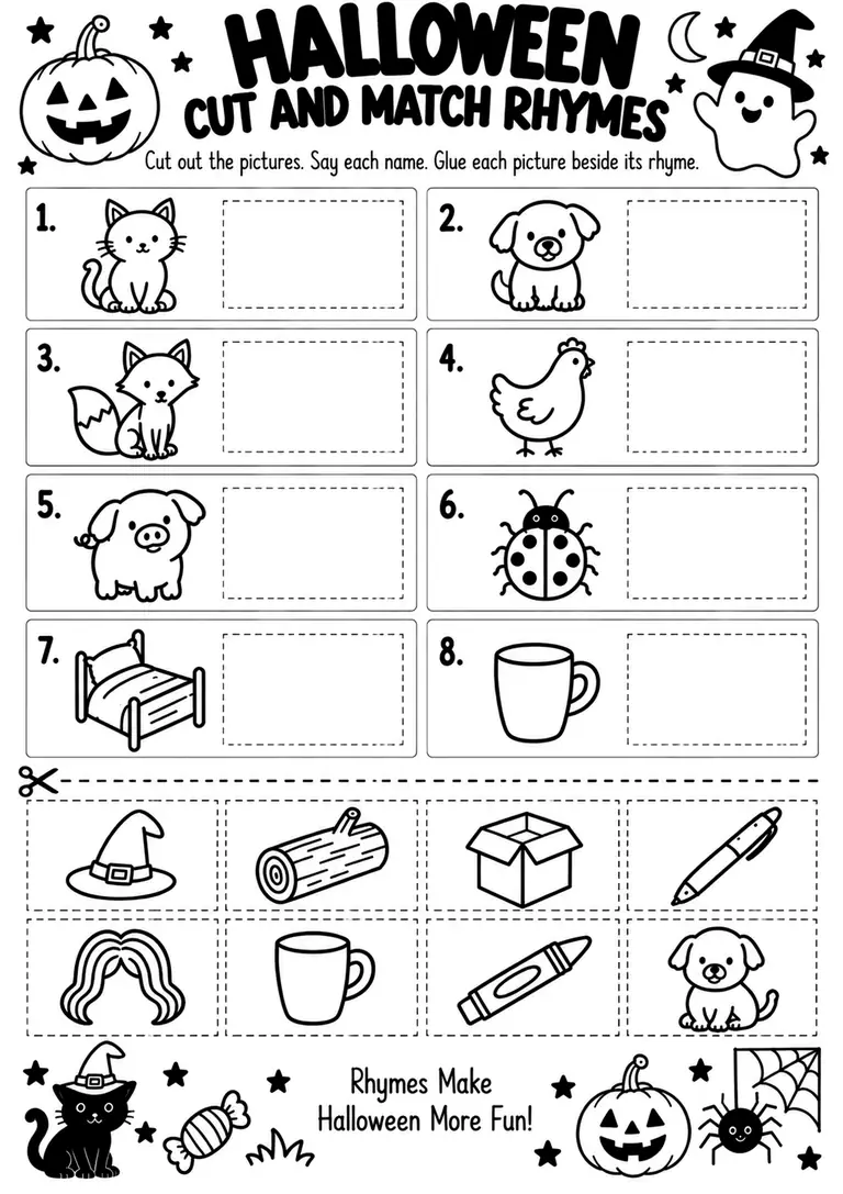 Halloween Cut and Match Rhymes for Kindergarten, 1st Grade