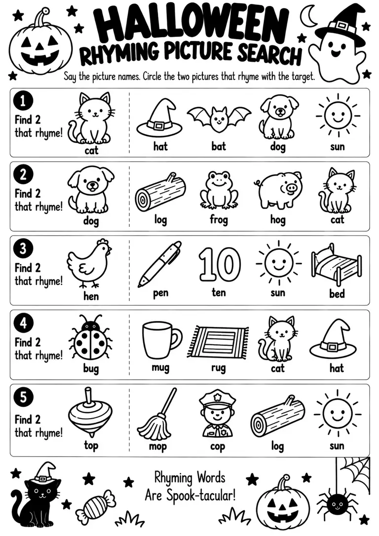 Halloween Rhyming Picture Search for Kindergarten, 1st Grade