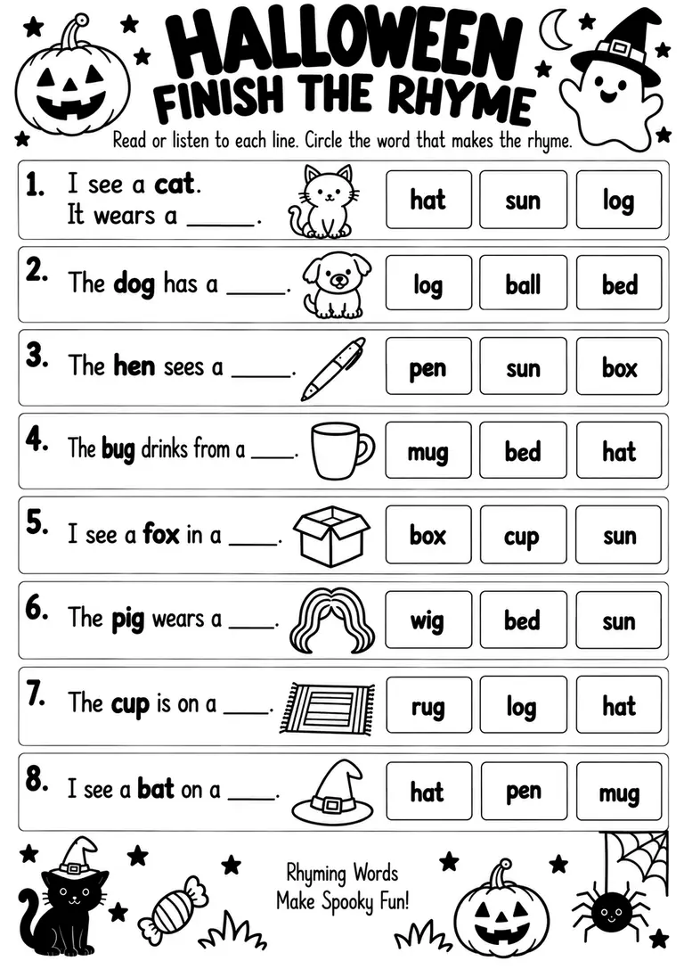 Halloween Finish the Rhyme for Kindergarten, 1st Grade