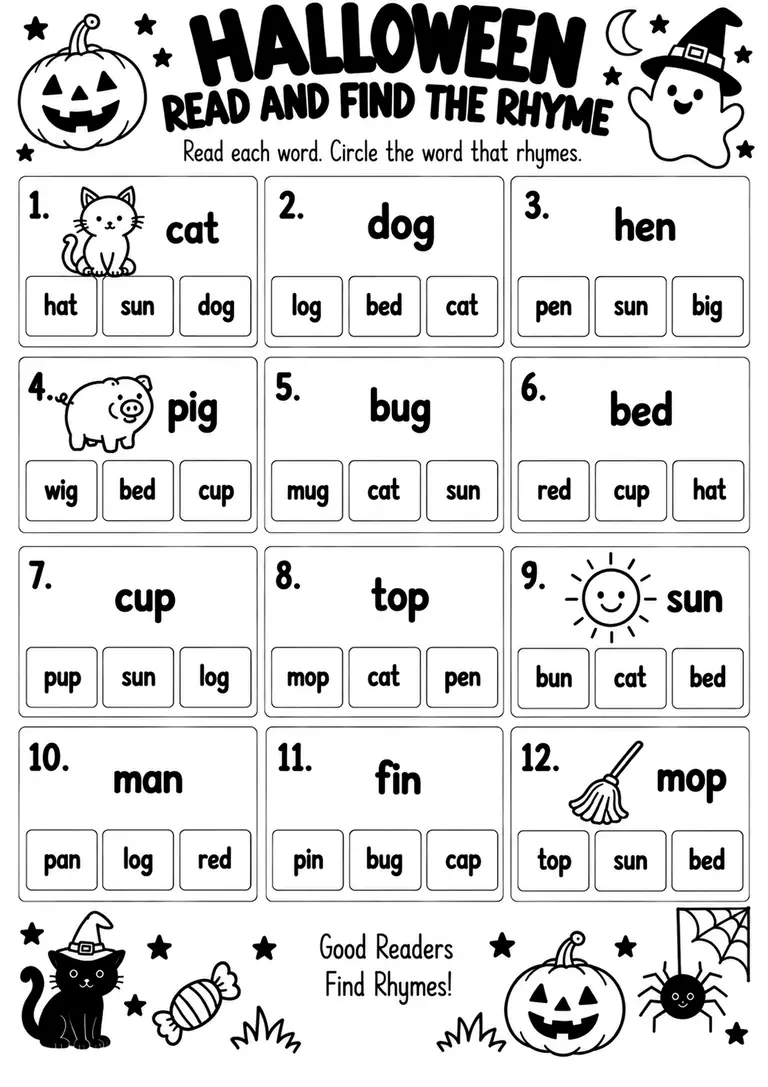 Halloween Read and Find the Rhyme for Kindergarten, 1st Grade