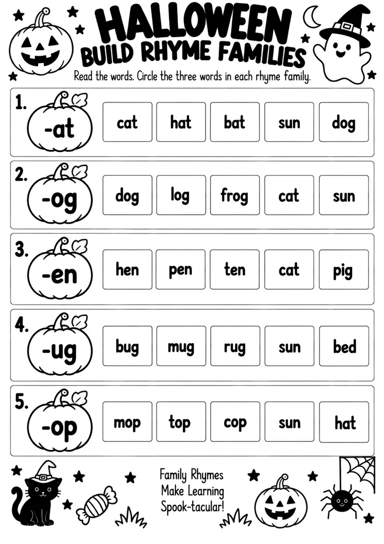 Halloween Build Rhyme Families for Kindergarten, 1st Grade