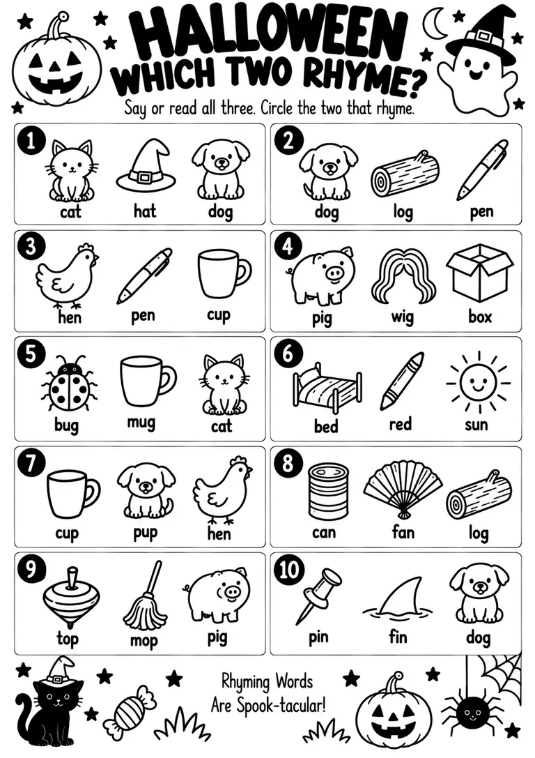 Halloween Which Two Rhyme for Kindergarten, 1st Grade