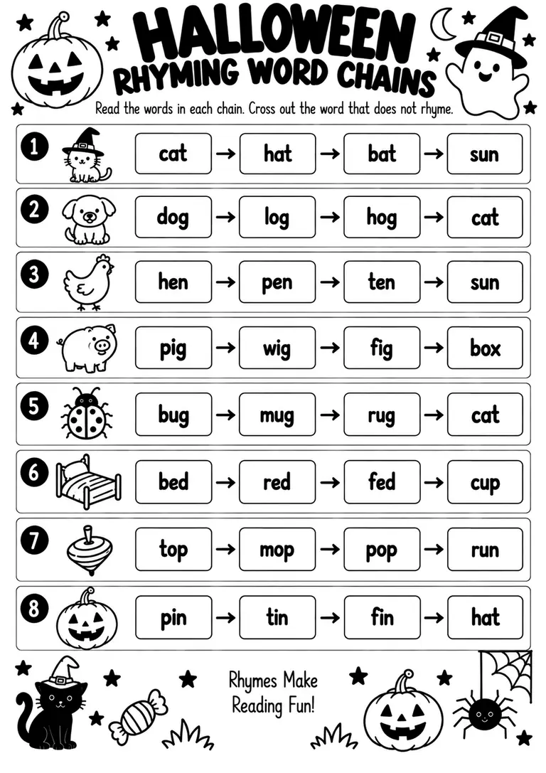Halloween Rhyming Word Chains for Kindergarten, 1st Grade