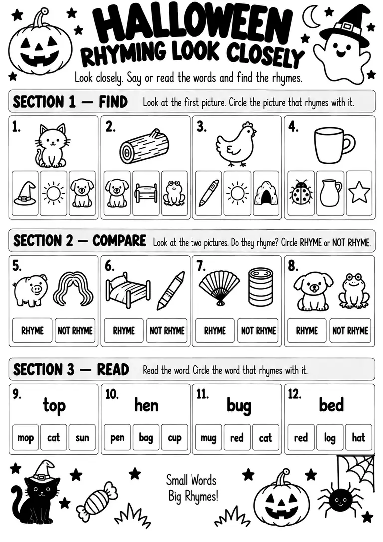 Halloween Rhyming Look Closely for Kindergarten, 1st Grade