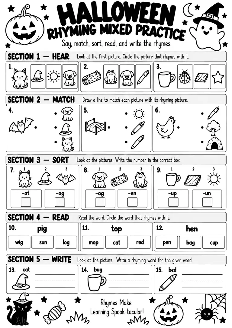 Halloween Rhyming Mixed Practice for Kindergarten, 1st Grade