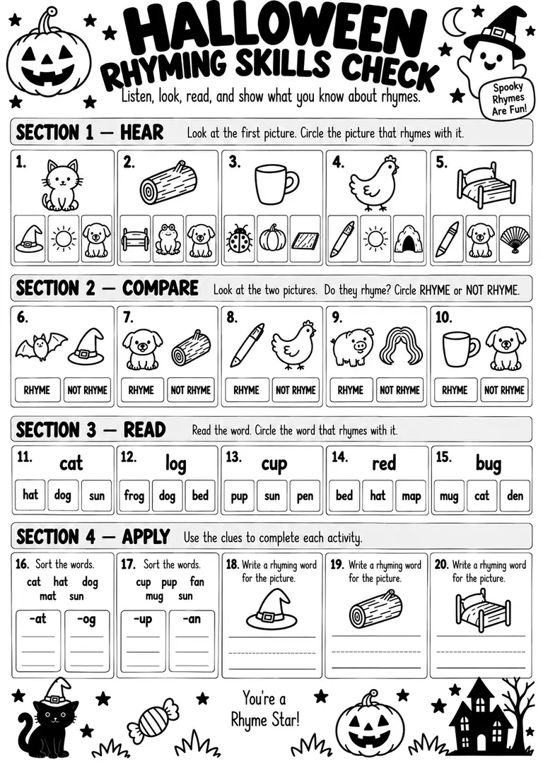 Halloween Rhyming Skills Check for Kindergarten, 1st Grade