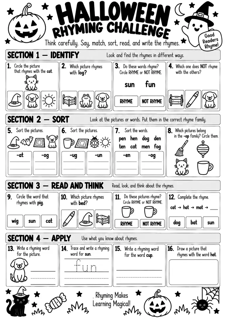 Halloween Rhyming Challenge for Kindergarten, 1st Grade
