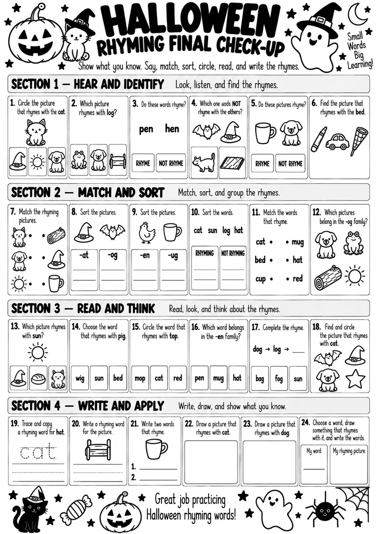 Halloween Rhyming Final Check-Up for Kindergarten, 1st Grade