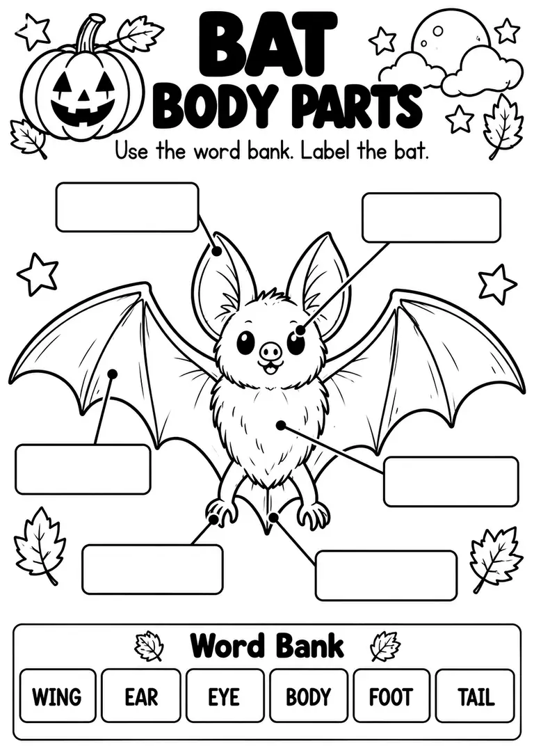BAT BODY PARTS for Kindergarten, 1st Grade
