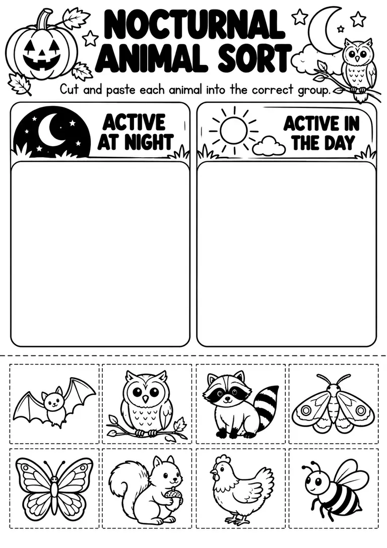NOCTURNAL ANIMAL SORT for Kindergarten, 1st Grade