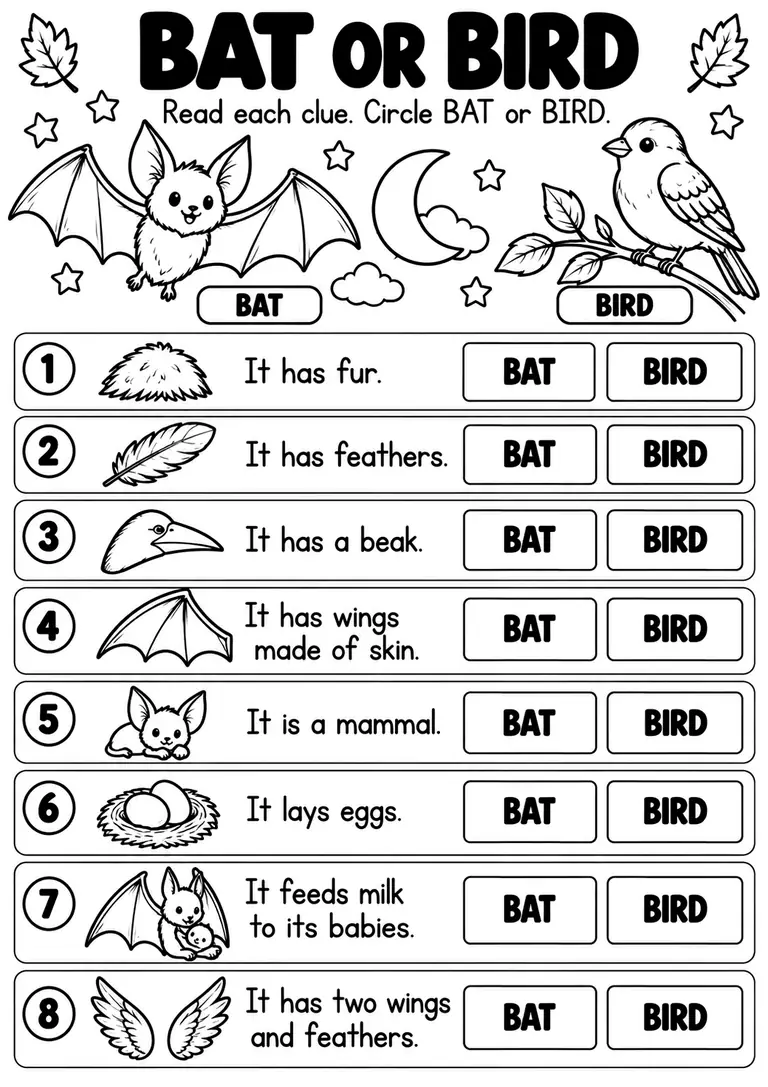 BAT OR BIRD for Kindergarten, 1st Grade