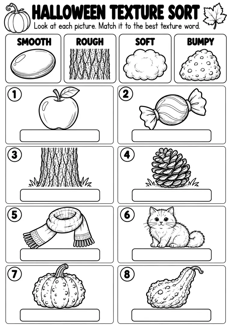 HALLOWEEN TEXTURE SORT for Kindergarten, 1st Grade