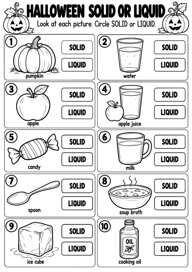 HALLOWEEN SOLID OR LIQUID for Kindergarten, 1st Grade