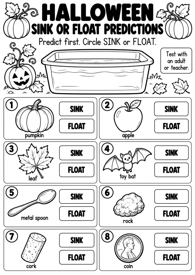 HALLOWEEN SINK OR FLOAT PREDICTIONS for Kindergarten, 1st Grade