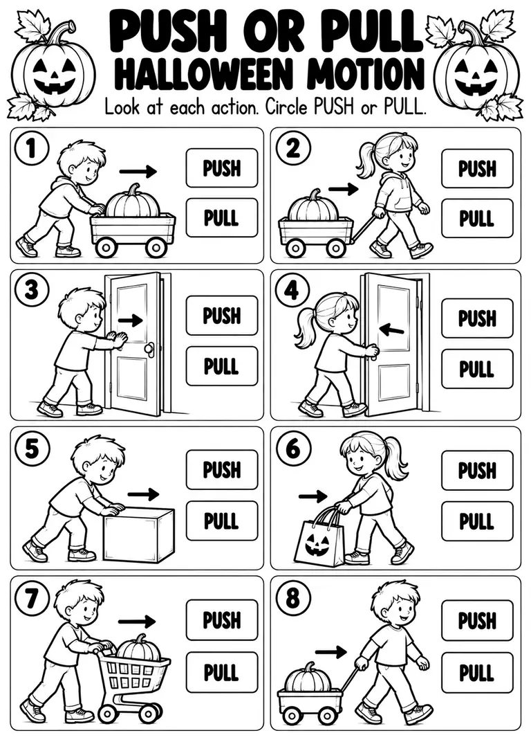PUSH OR PULL HALLOWEEN MOTION for Kindergarten, 1st Grade