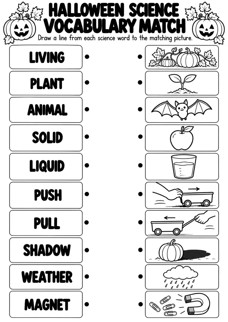 HALLOWEEN SCIENCE VOCABULARY MATCH for Kindergarten, 1st Grade
