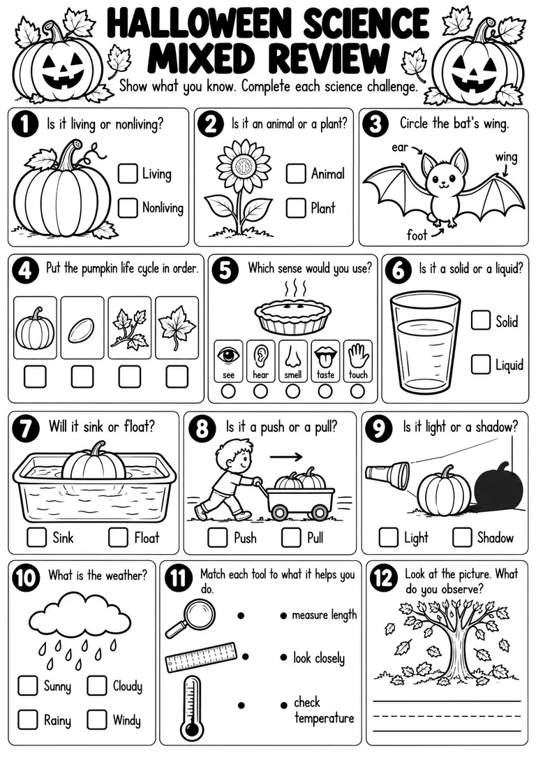 HALLOWEEN SCIENCE MIXED REVIEW for Kindergarten, 1st Grade