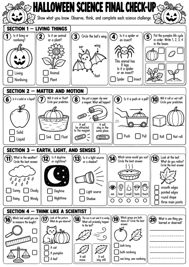 HALLOWEEN SCIENCE FINAL CHECK-UP for Kindergarten, 1st Grade