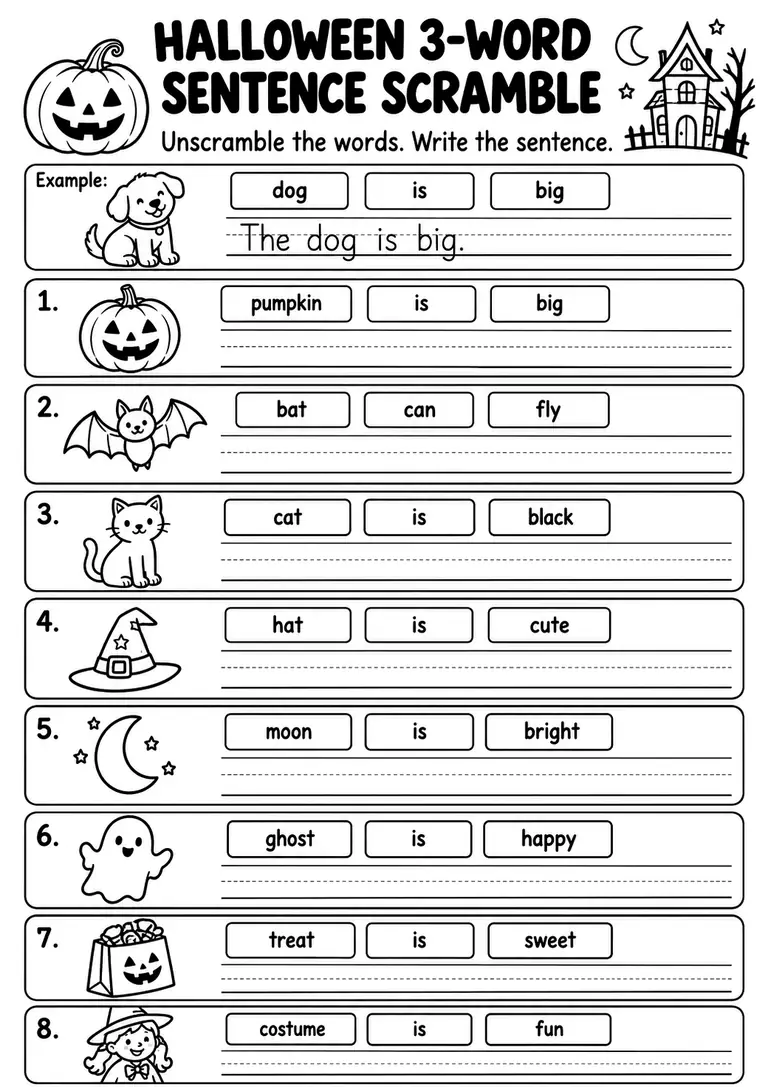 Halloween 3-Word Sentence Scramble for Kindergarten, 1st Grade