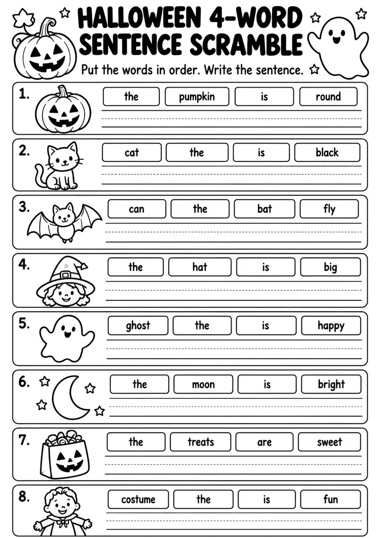 Halloween 4-Word Sentence Scramble for Kindergarten, 1st Grade