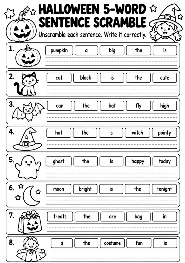 Halloween 5-Word Sentence Scramble for Kindergarten, 1st Grade