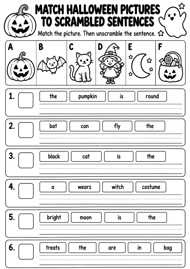 Match Halloween Pictures to Scrambled Sentences for Kindergarten, 1st Grade