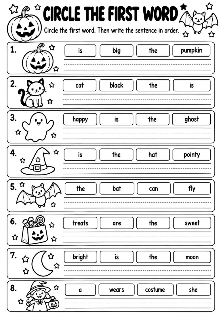Circle the First Word for Kindergarten, 1st Grade