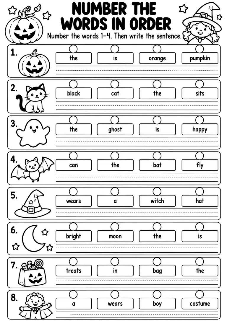 Number the Words in Order for Kindergarten, 1st Grade