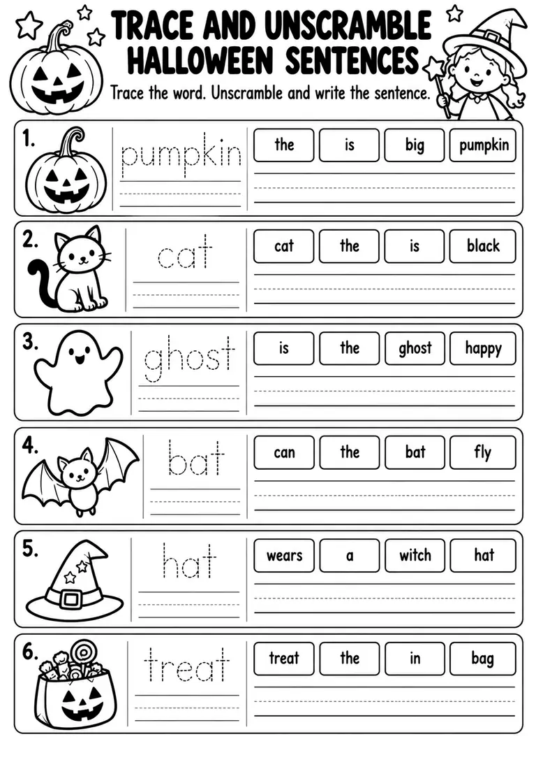 Trace and Unscramble Halloween Sentences for Kindergarten, 1st Grade