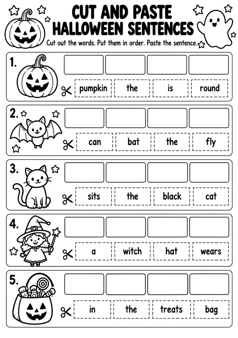 Cut and Paste Halloween Sentences for Kindergarten, 1st Grade
