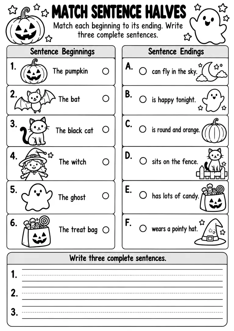 Match Sentence Halves for Kindergarten, 1st Grade