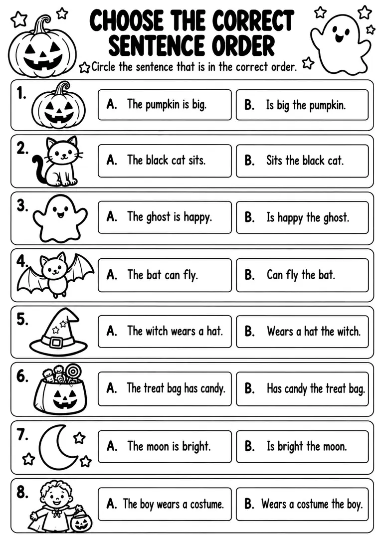 Choose the Correct Sentence Order for Kindergarten, 1st Grade