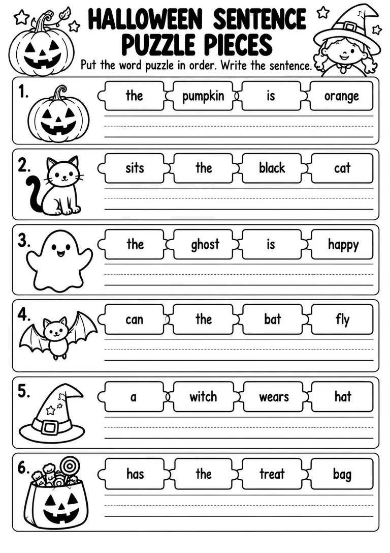 Halloween Sentence Puzzle Pieces for Kindergarten, 1st Grade