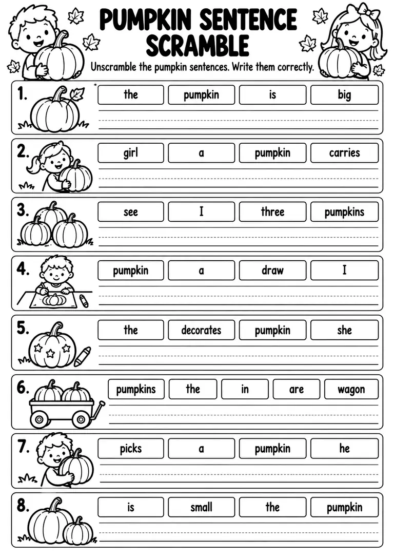Pumpkin Sentence Scramble for Kindergarten, 1st Grade