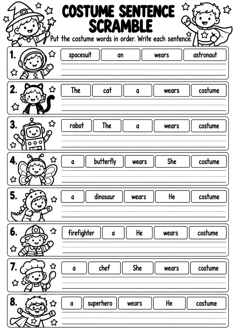 Costume Sentence Scramble for Kindergarten, 1st Grade