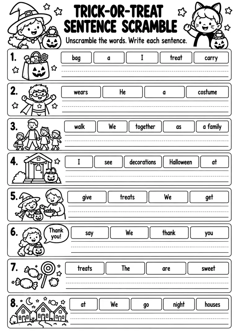 Trick-or-Treat Sentence Scramble for Kindergarten, 1st Grade