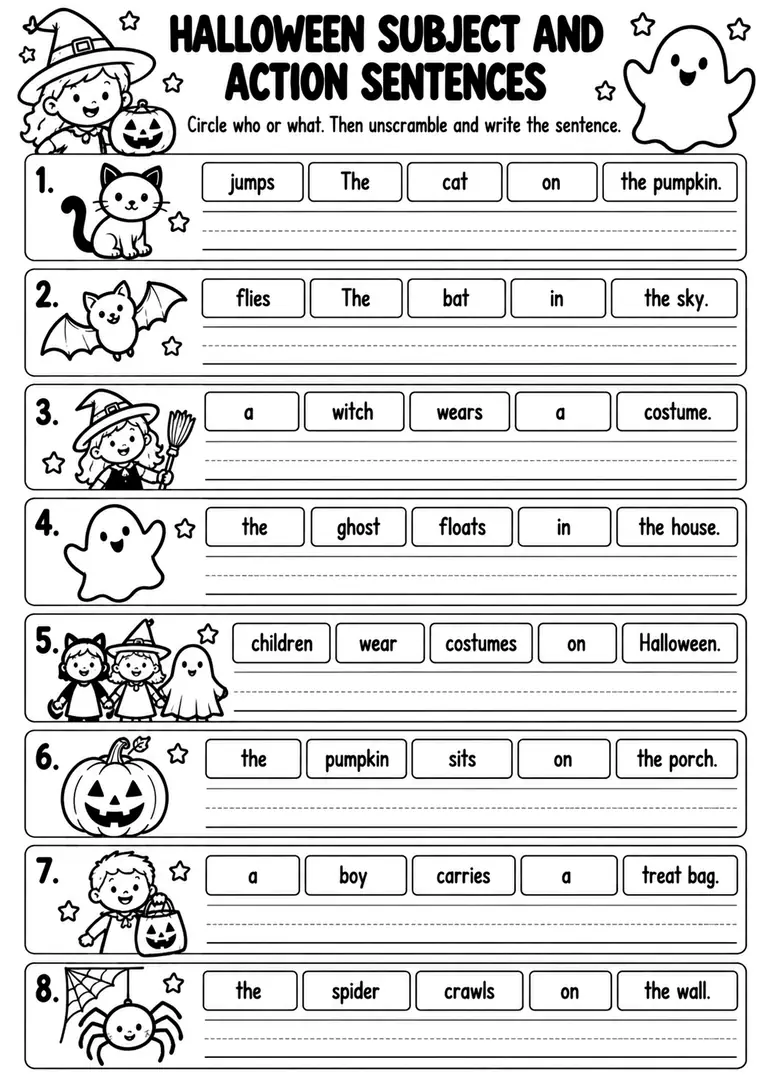 Halloween Subject and Action Sentences for Kindergarten, 1st Grade