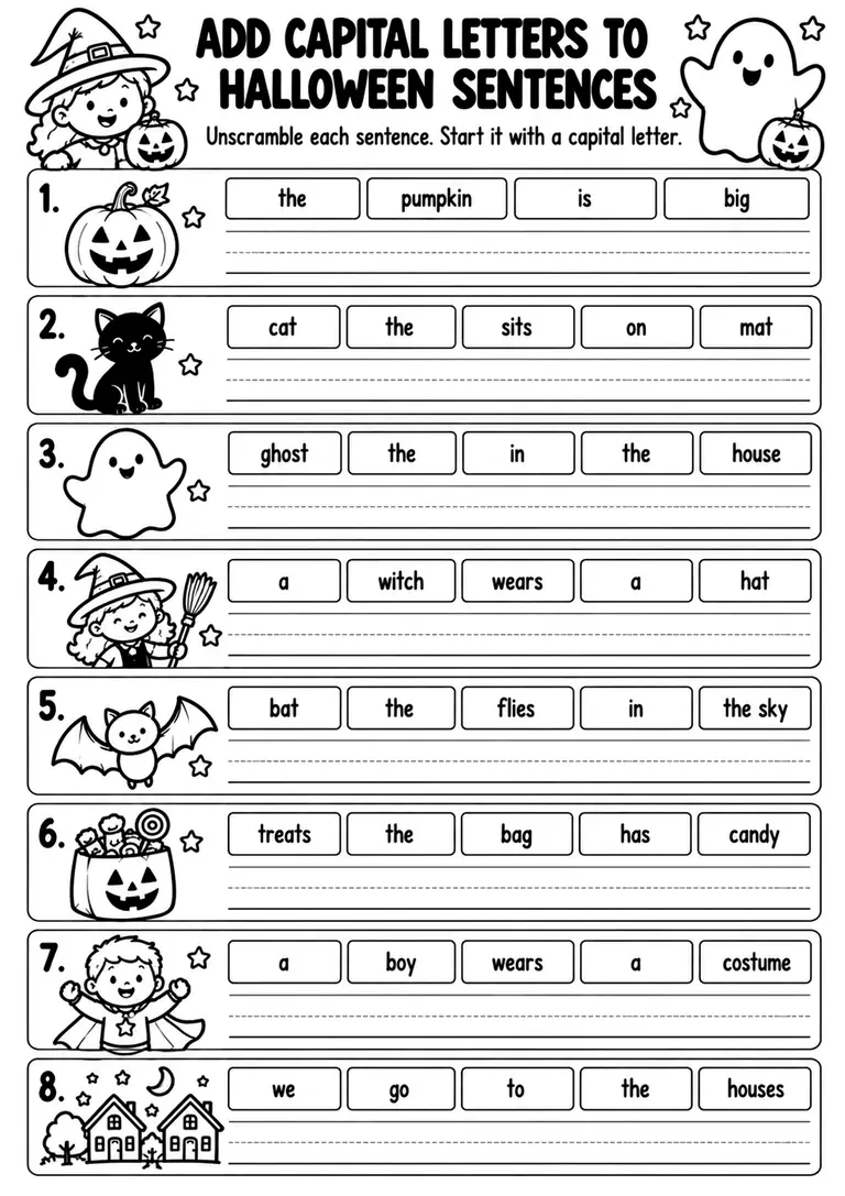Add Capital Letters to Halloween Sentences for Kindergarten, 1st Grade