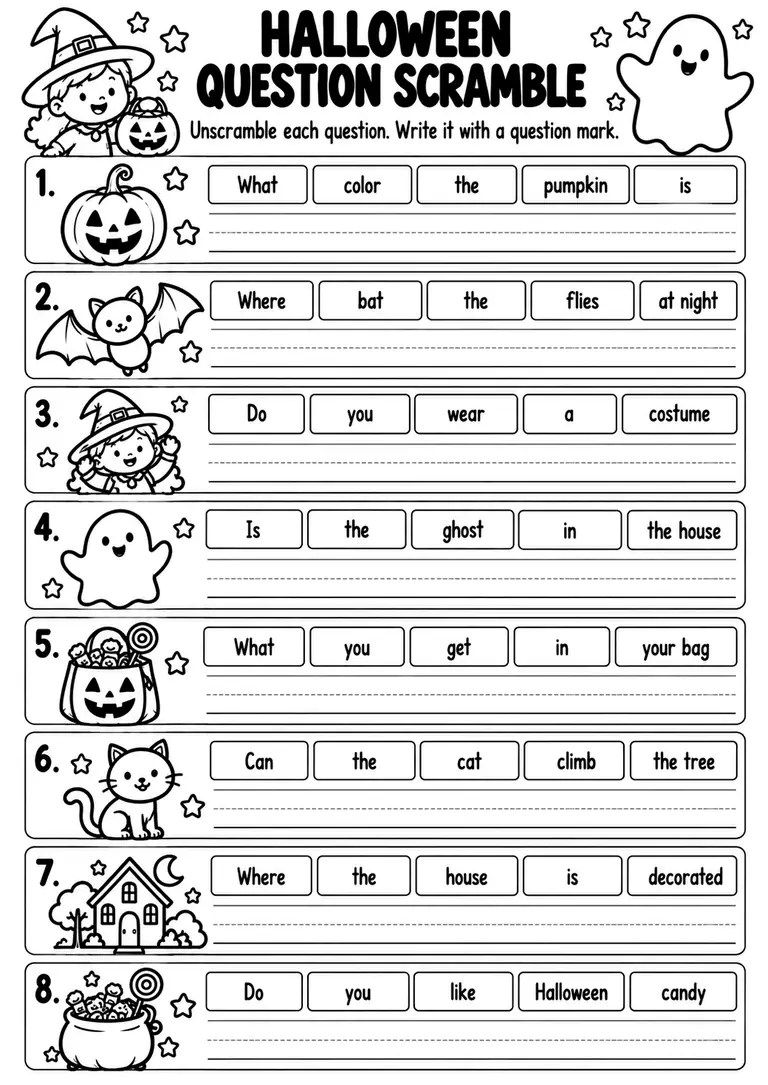 Halloween Question Scramble for Kindergarten, 1st Grade