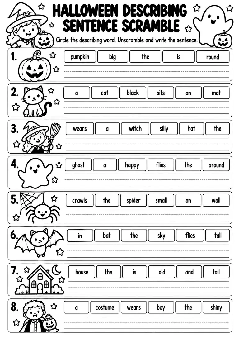 Halloween Describing Sentence Scramble for Kindergarten, 1st Grade