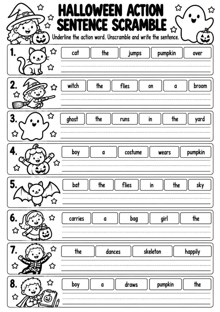 Halloween Action Sentence Scramble for Kindergarten, 1st Grade