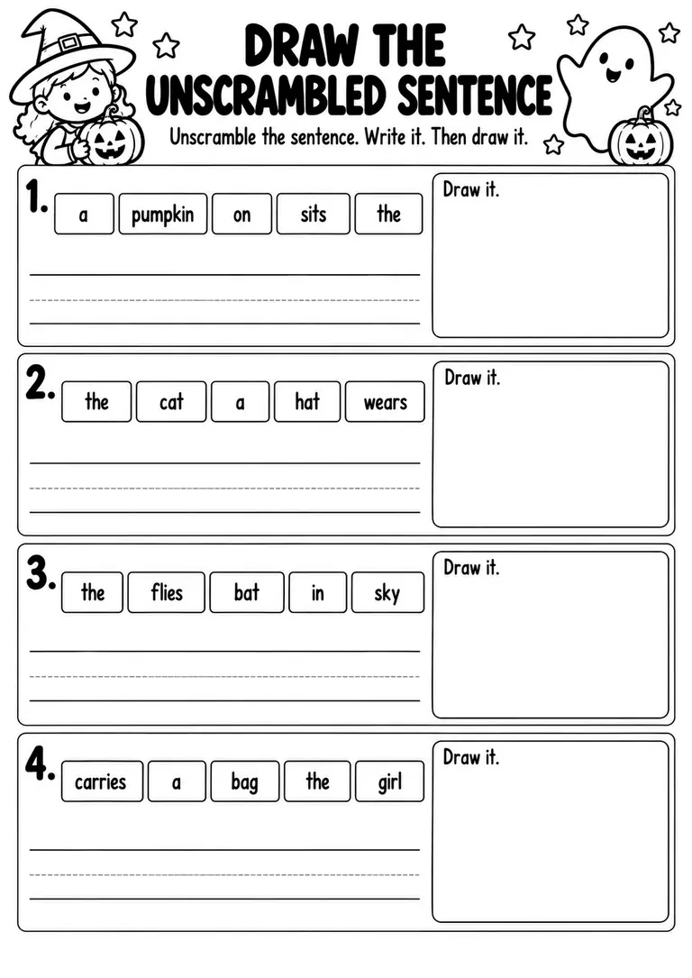 Draw the Unscrambled Sentence for Kindergarten, 1st Grade